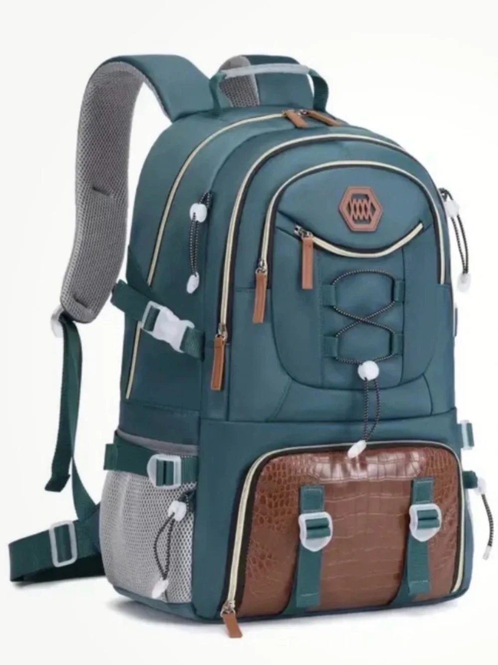Men's Teal Backpack with Brown Accent and Multiple Compartments